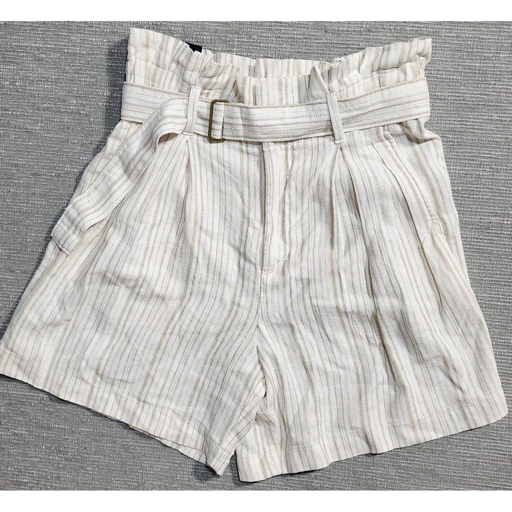 Banana Republic Striped Linen Blend Paperbag Waist Shorts Tan White Womens 2